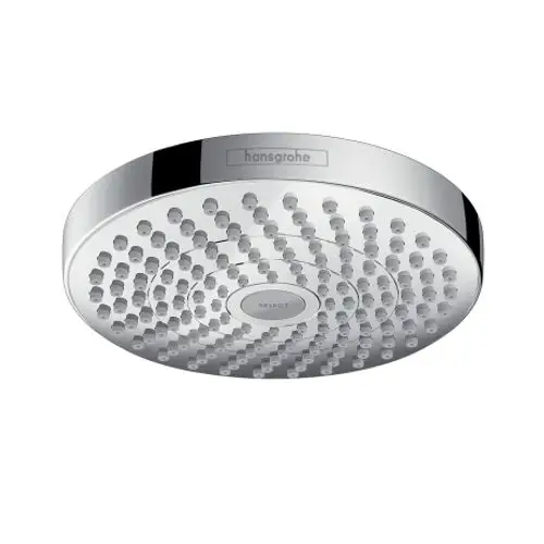 Runde Kopfbrause in Chrom mit mehreren Düsen von Hansgrohe. Mittig befindet sich ein Auswahlknopf für verschiedene Strahlarten.